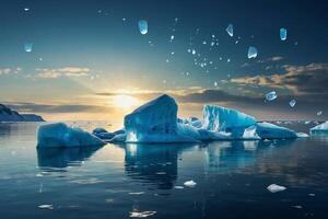 icebergs float in the water at sunset photo