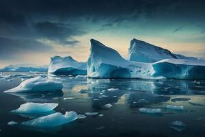 icebergs float in the water at sunset photo