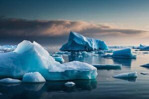 icebergs float in the water at sunset photo