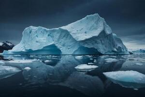 icebergs in the water with a cloudy sky photo