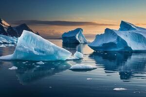 icebergs in the water with a cloudy sky photo