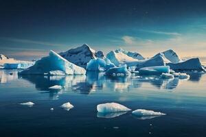 icebergs in the water with a cloudy sky photo