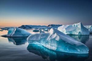 icebergs in the water with a cloudy sky photo