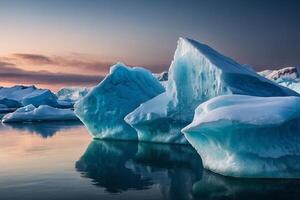 icebergs in the water with a cloudy sky photo