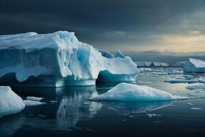 icebergs at night in the ocean with a milky way in the background photo