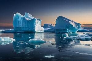 icebergs at night in the ocean with a milky way in the background photo