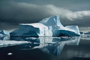 icebergs at night in the ocean with a milky way in the background photo