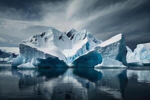 icebergs at night in the ocean with a milky way in the background photo