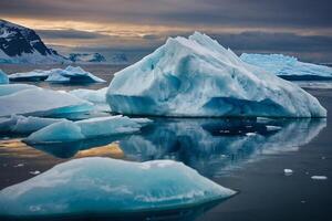 icebergs at night in the ocean with a milky way in the background photo