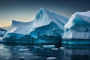 icebergs floating in the water with dark clouds photo