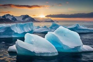 icebergs floating in the water with dark clouds photo