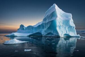 icebergs floating in the water with dark clouds photo