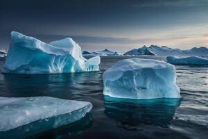 icebergs floating in the water with dark clouds photo