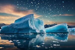 icebergs floating in the water with dark clouds photo