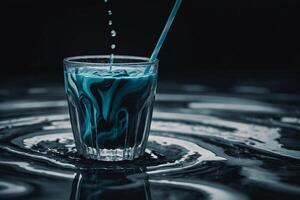 blue liquid pouring into a glass with a straw photo