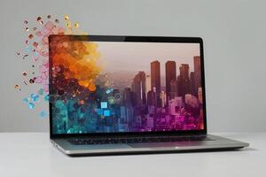 laptop with cityscape background photo