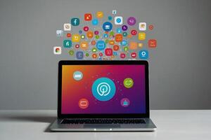 social media marketing concept with laptop and social icons flying out of it photo