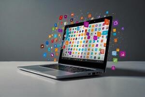 a laptop with many colorful app icons coming out of it photo