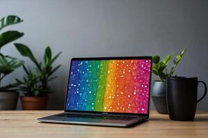 a rainbow laptop on a wooden table with a plant photo