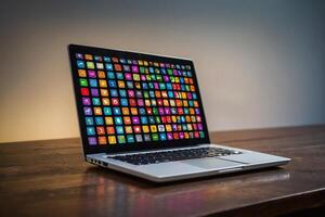 a laptop with many colorful app icons coming out of it photo