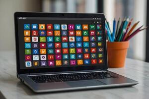 a laptop with many colorful app icons coming out of it photo