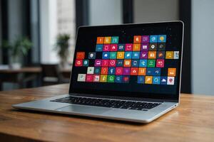 a laptop with many colorful app icons coming out of it photo