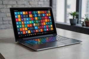 a laptop with many colorful app icons coming out of it photo