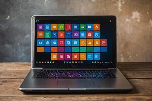 a laptop with many colorful app icons coming out of it photo