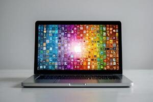 un ordenador portátil con un arco iris de colores pantalla en eso foto