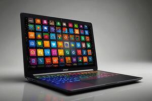 a laptop with many colorful app icons coming out of it photo