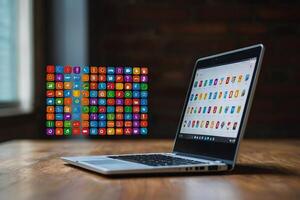 un ordenador portátil con un vistoso icono en el pantalla foto