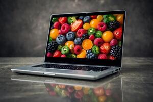 a laptop computer with a colorful fruit background photo