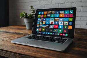 a laptop with many different types of apps on it photo