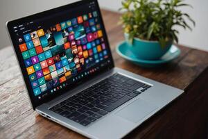 a laptop with many colorful app icons coming out of it photo