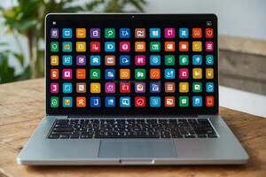 a laptop with many colorful app icons coming out of it photo