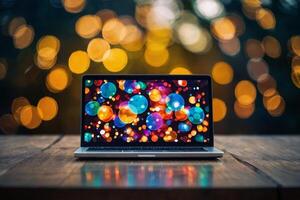 a laptop computer on a wooden table with colorful lights photo