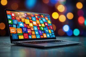 a laptop with many different types of apps on it photo
