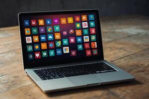 a laptop with many different app icons on the screen photo