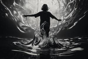 un hombre en pie en el agua con su brazos extendido foto