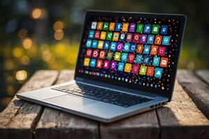 a laptop computer on a wooden table with the ocean in the background photo