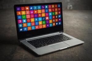 a laptop with colorful icons on the screen photo