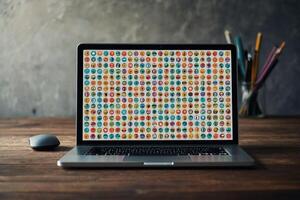 a laptop with many different app icons on it photo