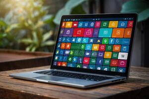 a laptop with many different app icons on it photo