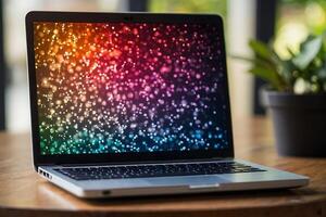 a laptop with colorful raindrops on the screen photo