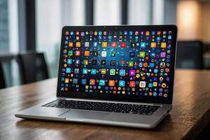 a laptop with many different app icons on it photo