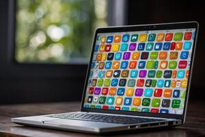 a laptop with many different app icons on it photo