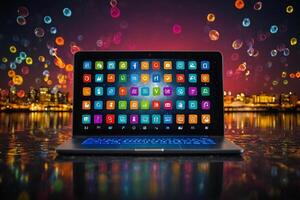 a laptop with colorful icons on the screen photo