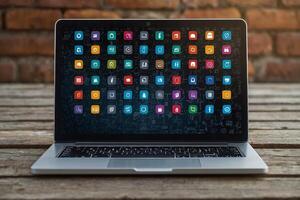 a laptop with colorful icons on the screen photo