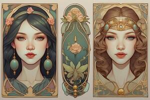 three different art nouveau style paintings of women photo