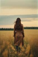 woman in brown coat standing in field photo